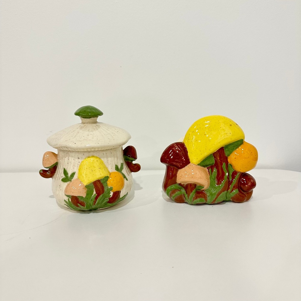 Vintage Ceramic Mushroom Sugar Bowl and Napkin‎ Holder Set Retro Kitchen Decor